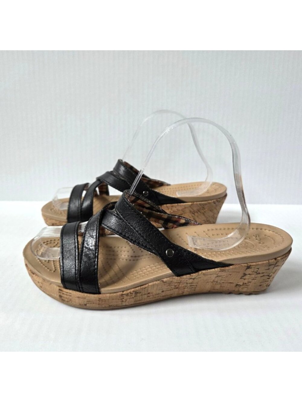 Crocs Sandals Womens 9 Black Leather A Leigh Strappy Cork Comfort Boho Wedge